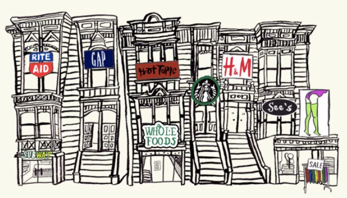 rough pencil drawing of buildings with common retail signs