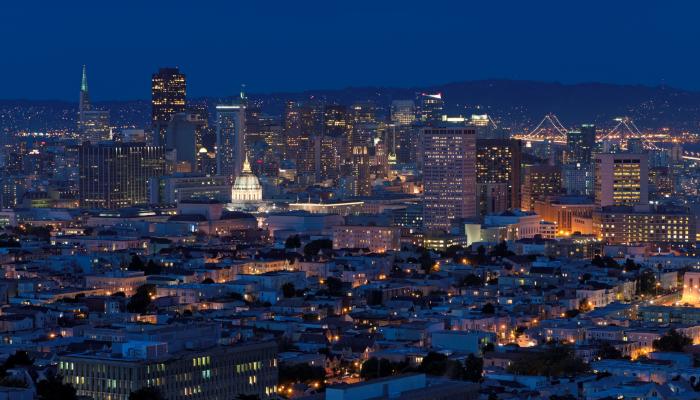 San Francisco illuminated downtown skyline with City Hall